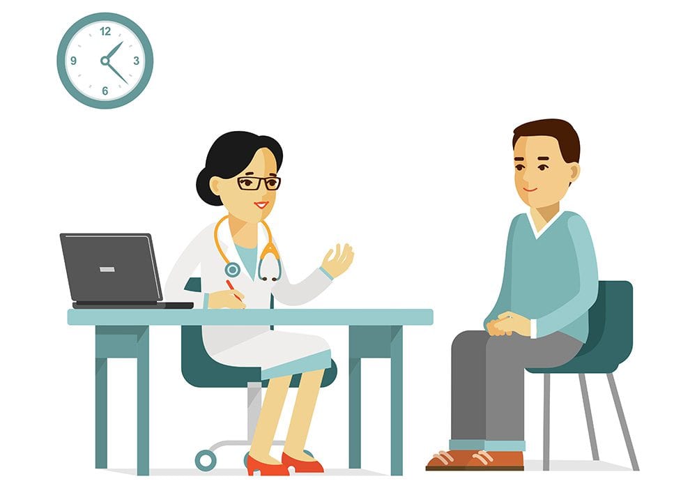 Digital Drawing Of A Doctor At A Desk In Front Of A Laptop Explaining Something To A Seated Patient