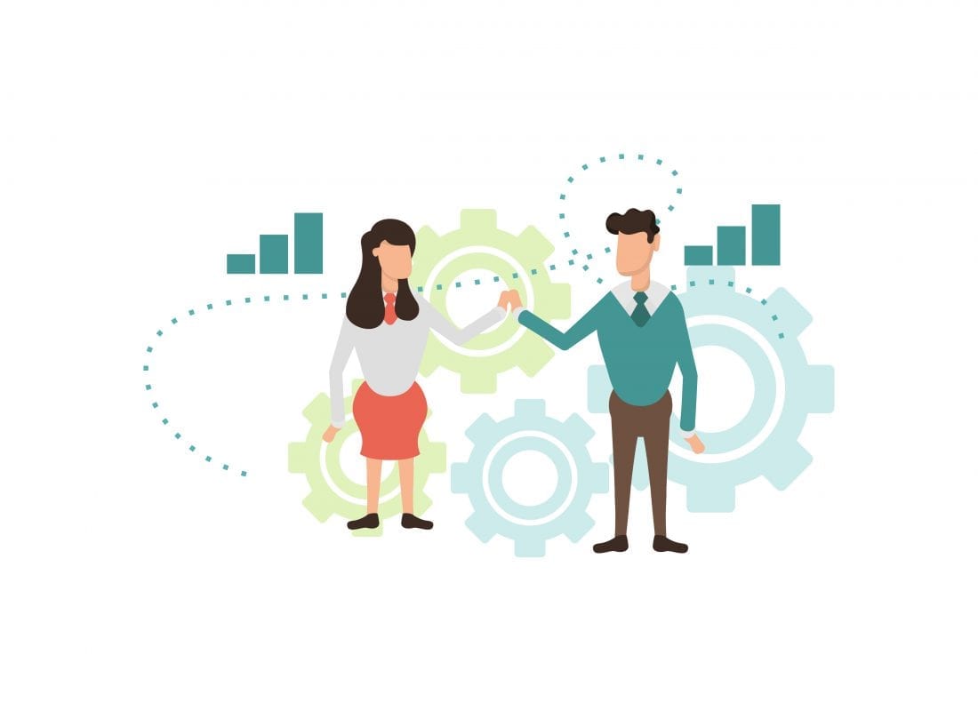 Digital Drawing Of A Man And Woman Holding Hands In Front Of Gears And Bar Graphs