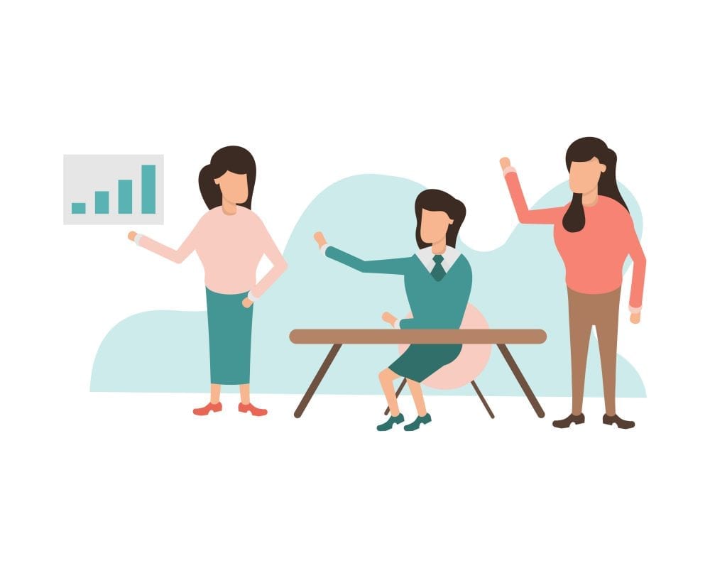 Digital Drawing Of A Woman Giving A Presentation To Two Women Who Are Raising Their Hands